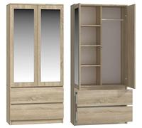 BDW Commode avec miroir, 90x180x50 cm, 2 tiroirs, 4 étagères | Idéal pour UNE chambre à coucher, couloir, chambre d'enfant ou bureau | Porte-vêtements, portemanteau (chêne Sonoma)