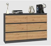 BDW - Commode MALWA M6 120 Anthracite/Chêne Artisan - 6 Tiroirs - 120 cm - pour Salon, Chambre ou Bureau - Design Sobre et Minimaliste