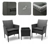 BDW Ensemble de meubles de jardin en métal avec rotin - Plateau en verre de sécurité - Résistant aux intempéries et aux UV - Pour terrasse et balcon - 1 table et 2 fauteuils avec coussins - Gris