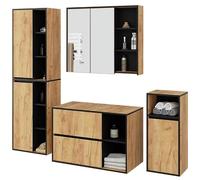 BDW - Ensemble de Meubles de Salle de Bain - 4 Pièces - avec Armoire à Miroir- en Bois Stratifié, Couleur de la Face Avant : Chêne Artisanal/Intérieur :Noir, Vami