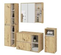 BDW - Ensemble de Meubles de Salle de Bain - 4 Pièces - avec Armoire à Miroir- en Bois Stratifié, Couleur de la Face Avant : Chêne Artisanal/Intérieur :Cachemire, Vami