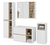BDW - Ensemble de Meubles de Salle de Bain - 4 Pièces - avec Armoire à Miroir- en Bois Stratifié, Couleur de la Face Avant : Blanc/Intérieur :Chêne de Sonoma, Vami