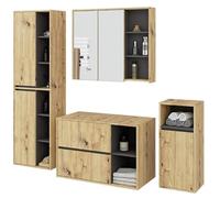 BDW - Ensemble de Meubles de Salle de Bain - 4 Pièces - avec Armoire à Miroir- en Bois Stratifié, Couleur de la Face Avant : Chêne Artisanal/Intérieur :Gris Graphite, Vami