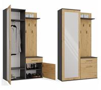 BDW Ensemble de porte-manteaux double avec miroir, armoire avec porte et tiroir, 5 crochets avec étagère, moderne, 180 x 100 x 35 cm (anthracite/chêne Artisan)