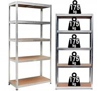 BDW - Étagère de Rangement Métallique 5 Étagères 2-en-1, Renforcée, Charge Jusqu’à 175 kg, Montage sans Vis, pour Garage, Cave, Cellier, Entrepôt et Bureau - 180x90x40 cm - Argent