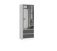 BDW Générique Penderie avec Miroir 2 Portes et 2 tiroirs pour Chambre à Coucher, Salon, Couloir, 180 x 60 x 51 cm (Blanc/Gris)