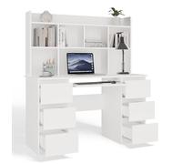 BDW Kuba Bureau blanc avec 6 tiroirs, plateau de clavier extensible, 5 étagères, façades sans poignées, pour bureau et chambre d'adolescent