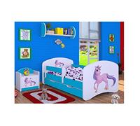 BDW Lit pour enfant avec matelas et tiroir de lit - 140/160/180/190 motifs différents pour garçon licorne (bleu, 180 x 90)