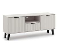 BDW - Meuble TV - Meuble Télé Scandinave avec Tiroirs et Espace de Rangement - Commode de 140 cm de Large - avec Pieds Hauts Dorés et Poignées Assorties - Rainures Décoratives - Cachemire