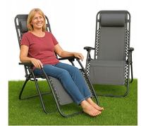 BDW Zero-Gravity Lot de 2 chaises longues de jardin pliantes avec positions réglables en continu et appui-tête, 175 cm de long, 65 cm de large, textilène (2 pièces, gris)