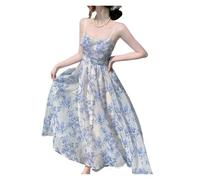BDXMKS Robe Florale Spaghetti à Bretelles Robes à Fleurs for Femmes, Dentelle, Douces, Vacances, été, sans Manches, Princesse, Vintage, Slim, Longueur Cheville(S)