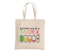 Be Buz Battery Life of a Teacher Sac fourre-tout amusant en coton réutilisable - Sac fourre-tout graphique - Cadeau de rentrée scolaire et d'appréciation des enseignants pour femme, naturel, One Size