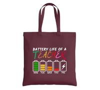 Be Buz Battery Life of a Teacher Sac fourre-tout amusant en coton réutilisable - Sac fourre-tout graphique - Cadeau de rentrée scolaire et d'appréciation des enseignants pour femme, bordeaux, One Size