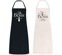 Be Buz Ensemble de tabliers de cuisine assortis The Boss and The Real Boss - En coton noir et naturel - Cadeau de mariage pour jeunes mariés, Noir naturel, Adult Unisex
