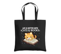 Be Buz Life Is Better With Cats and Books Sac fourre-tout réutilisable en coton avec motif de chat - Cadeau pour amateur de livres et maman de chat - Sac fourre-tout écologique pour femme, Noir , One