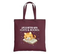 Be Buz Life Is Better With Cats and Books Sac fourre-tout réutilisable en coton avec motif de chat - Cadeau pour amateur de livres et maman de chat - Sac fourre-tout écologique pour femme, bordeaux