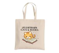 Be Buz Life Is Better With Cats and Books Sac fourre-tout réutilisable en coton avec motif de chat - Cadeau pour amateur de livres et maman de chat - Sac fourre-tout écologique pour femme, naturel