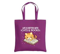 Be Buz Life Is Better With Cats and Books Sac fourre-tout réutilisable en coton avec motif de chat - Cadeau pour amateur de livres et maman de chat - Sac fourre-tout écologique pour femme, magenta