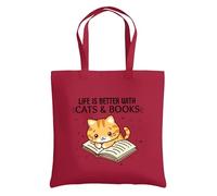 Be Buz Life Is Better With Cats and Books Sac fourre-tout réutilisable en coton avec motif de chat - Cadeau pour amateur de livres et maman de chat - Sac fourre-tout écologique pour femme, rouge