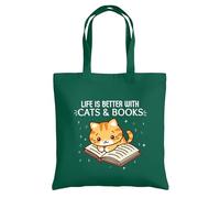 Be Buz Life Is Better With Cats and Books Sac fourre-tout réutilisable en coton avec motif de chat - Cadeau pour amateur de livres et maman de chat - Sac fourre-tout écologique pour femme, vert kelly