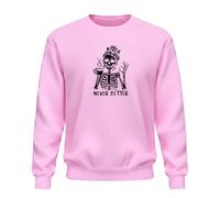 Be Buz Never Better Skeleton Sweat-shirt pour femme - Pull à col rond amusant pour les amateurs de café d'Halloween - Sweat-shirt graphique squelette boire du café - Saison effrayante, rose, S