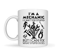 Be Buz Tasse à café humoristique avec inscription « I Can't Fix Stupid But I Can Fix What Stupid Does » - 325 ml - Blanc - Cadeau réparateur pour garage atelier