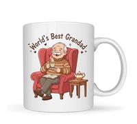 Be Buz Tasse à café World's Best Grandad - Illustration grand-père dans un fauteuil - Tasse à thé en céramique - 325 ml - Blanc - Cadeau d'anniversaire ou de fête des pères