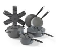 BE Living Batterie de Cuisine 5 pcs, Poêles, Sauteuse, Faitout & Casserole avec Couvercle + Protège-poêles, Sans PFAS, Gris