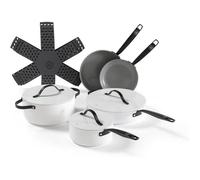 BE Living Batterie de Cuisine 5 pcs, Poêles, Sauteuse, Faitout, Casserole & Cuiseur Vapeur + Ustensiles & Protège-Poêles, Blanc