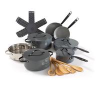 BE Living Batterie de Cuisine 6 pcs, Poêles, Sauteuse, Faitout, Casserole & Cuiseur Vapeur + Ustensiles & Protège-Poêles, Gris