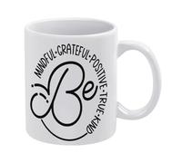 Be Mindful T-Shirt Grateful, Positive, Kind, True White Tasse à café en céramique 325 ml, tasse à thé imprimée double face avec poignée ergonomique en C, fond épais en porcelaine pour la maison, le