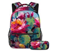Be The Talk of The School Lot de 2 cartables de grande capacité avec sac à dos et trousse à crayons Motif fleurs de cactus roses, multicolore, B:29.4x20x40cm P:19x7.5x3.8cm, Sacs à dos de jour