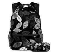 Be The Talk of The School Lot de 2 cartables de grande capacité avec sac à dos et trousse à crayons Motif feuilles noires, multicolore, B：29.4x20x40cm P：19x7.5x3.8cm, Sacs à dos de jour