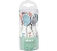 BÉABA, Set Premiers Couverts ergonomiques, Lot de 6 Cuillères & 4 Fourchettes, Manche court et arrondis, Prise en main facile pour Bébé, Adaptée aux droitiers et aux gauchers, Gris/Bleu/Rose