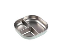 BÉABA, Assiette Bébé Compartimentée en Inox Micro-ondable - Antidérapante avec Housse Silicone, Incassable, Bords Hauts Ergonomiques, Passe au Lave-Vaisselle, Vert de gris