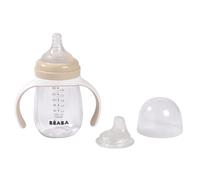 BÉABA, Biberon/Tasse d'apprentissage 2 en 1, Tasse Paille Enfant, 100% étanche, Anti-fuite, Facile à Ouvrir, Poignées amovibles, Tritan et Silicone, 210 ml, Argile