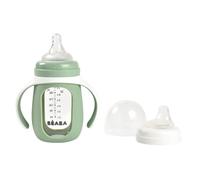 Beaba - Biberon verre d apprentissage 2-en-1 210 ml + housse silicone - Vert Sauge