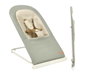 BÉABA, Chaise longue pliante pour enfant, 3 positions avec 1 bouton, ultra compacte, ceinture de sécurité à 5 points, 100% coton, jusqu'à 15 kg, housse de transport incluse, Eazy Relax - Lichen