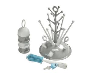 BÉABA, Coffret Naissance Bébé, Set Cadeau Naissance, Egoutte Biberon Arbre Grande Capacité-Gris, Boite Doseuse de Lait Empilable-Gris, Goupillon Biberon Silicone