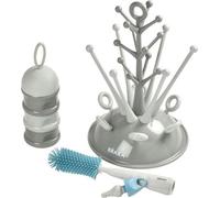 BEABA, Coffret naissance, Egoutte biberon arbre grey + Boite doseuses light/dark mist + Goupillon silicone + Bavoir coton tropical