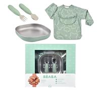 BÉABA Coffret Repas Bébé - Cadeau Naissance Complet Dès 4 Mois - Assiette Inox Micro-Ondes, Pré-Couverts Ergonomiques, Bavoir à Manches, Boîte Souvenir - Matériaux Sains et Durables, Vert Sauge