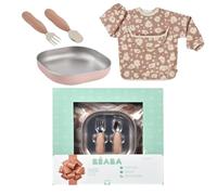 BÉABA Coffret Repas Bébé - Cadeau Naissance Complet Dès 4 Mois - Assiette Inox Micro-Ondes, Pré-Couverts Ergonomiques, Bavoir à Manches, Boîte Souvenir - Matériaux Sains et Durables, Savannah Bloom