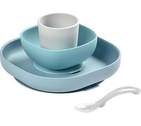 BEABA, Coffret repas Silicone Bébé, Avec Ventouse, Anti-dérapant, 4 Pieces, Assiette + Bol+ Verre + Cuillere, Jungle