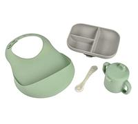 BÉABA, Coffret Repas Silicone, Set Repas Bebe, Vaisselle Silicone, Bavoir Silicone Bebe, Cuillere Silicone, Tasse Bebe Silicone, Assiette compartimentée, Vert Sauge/Gris Velours