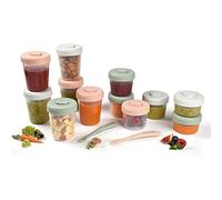 BÉABA, Lot de 12 Portions Conservation et 2 Cuillères Silicone, Clip, Pots empilables et emboîtables, 100% hermétique, Graduation, Congélation, Lait Maternel (2x90 ml & 4x150 ml & 6x250ml), Eucalyptus