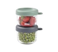 BÉABA, Lot 2 Portions Verre Conservation Repas Bébé/Verre Résistant, 100% Hermétique, Résiste Chaleur Froid, Congélation, Stérilisation, Graduation, 150 ml, Vert Sauge/Minéral