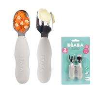 BEABA, Lot de 2 pré-couverts Inox et Silicone, Couverts Bébé, Couverts Enfant, Dès 10 Mois, Forme Ergonomique, Manche Ergonomique, Couverts Bébé Apprentissage, Velvet grey