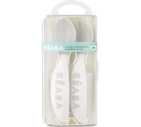 BÉABA, Lot de 2 Couverts Ergonomique d'apprentissage 2ème Âge, Dès 10 mois, Prise en main facile pour Bébé, Adaptée aux droitiers et aux gauchers, Boîte de transport incluse, Light Mist