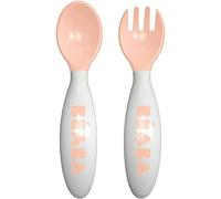 BÉABA, Lot de 2 Couverts Ergonomique d'apprentissage 2ème Âge, Dès 8 mois, Prise en main facile pour Bébé, Adaptée aux droitiers et aux gauchers, Boîte de transport incluse, Nude