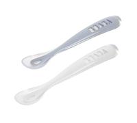 Béaba, Lot de 2 Cuillères en Silicone Bébé / Enfant 1er Âge, Dès 4 mois, Souple, Bout arrondi, Manche long et Ergonomique, Boite de transport incluse, Windy Blue